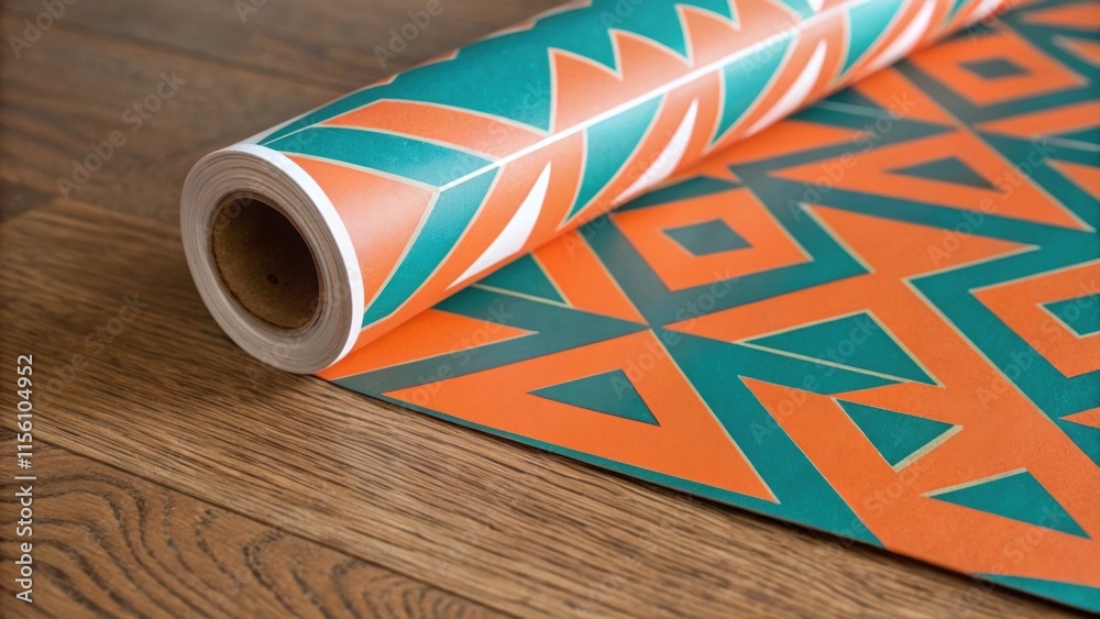 Poster a vibrant closeup of a vinyl flooring roll showcasing bold geometric designs in orange and teal with