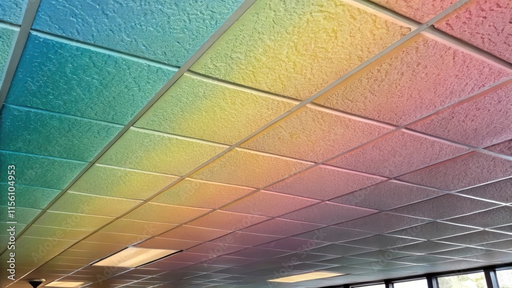 Poster a vibrant closeup of a ceiling tile showing a painted finish where the colors blend effortlessly cap