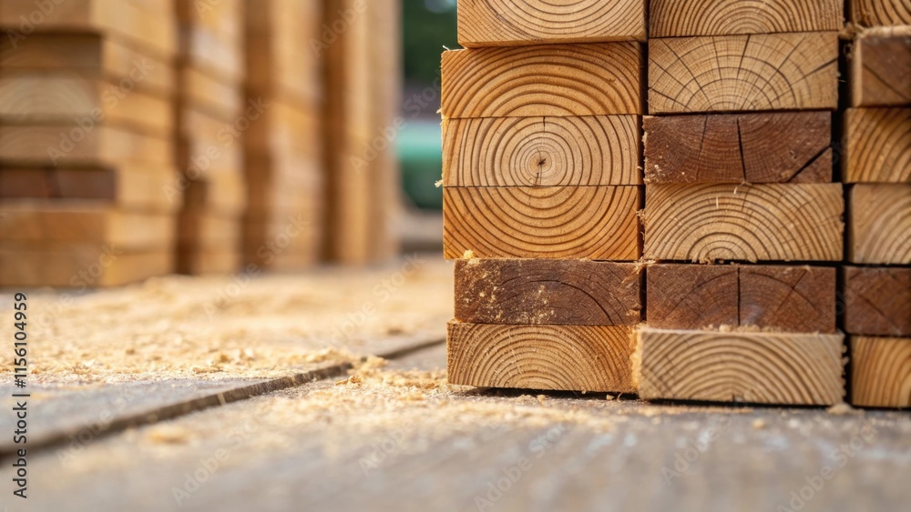 Poster A vibrant closeup of the end grain of a lumber stack showcasing the concentric rings and unique markings with a faint hint of sawdust tered around its base.