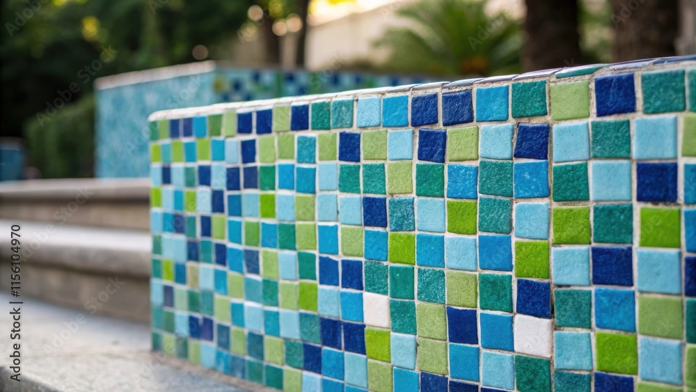 Poster A vibrant closeup of a colorful mosaic tile pattern composed of small squares in various shades of blue and green creating a lively entrance that captures attention.