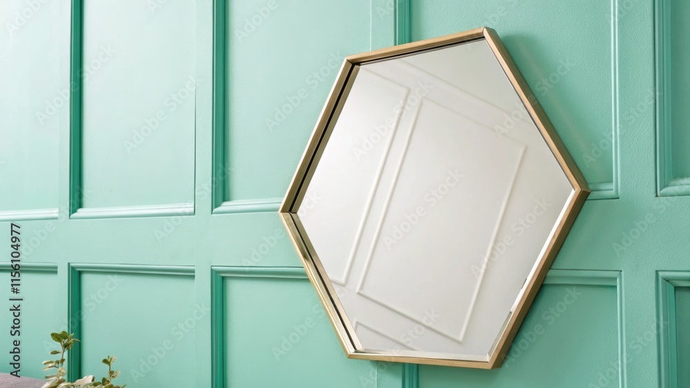 Poster a uniquelyshaped hexagonal mirror rests against a mint green wall its sharp angles and reflective su