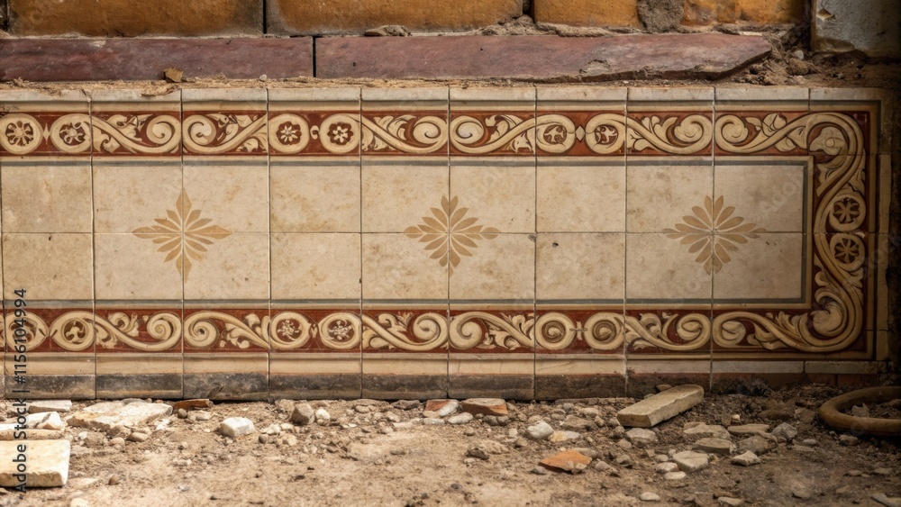 Poster a tilescape of dull earth tones and remnants of an ornate border design creates a nostalgic scene ca