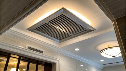 Obraz premium A vertical shot captures the newly installed vent beneath a softly illuminated ceiling fixture. The contrast between the cool metal of the vent and the warm ceiling light creates
