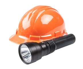 An orange safety helmet and a handheld flashlight, essential tools for construction and outdoor activities. Isolated on transparent white background, png