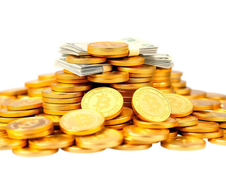 Piles money gold coins of gleaming with isolated against transparent background. Banking and financial concept