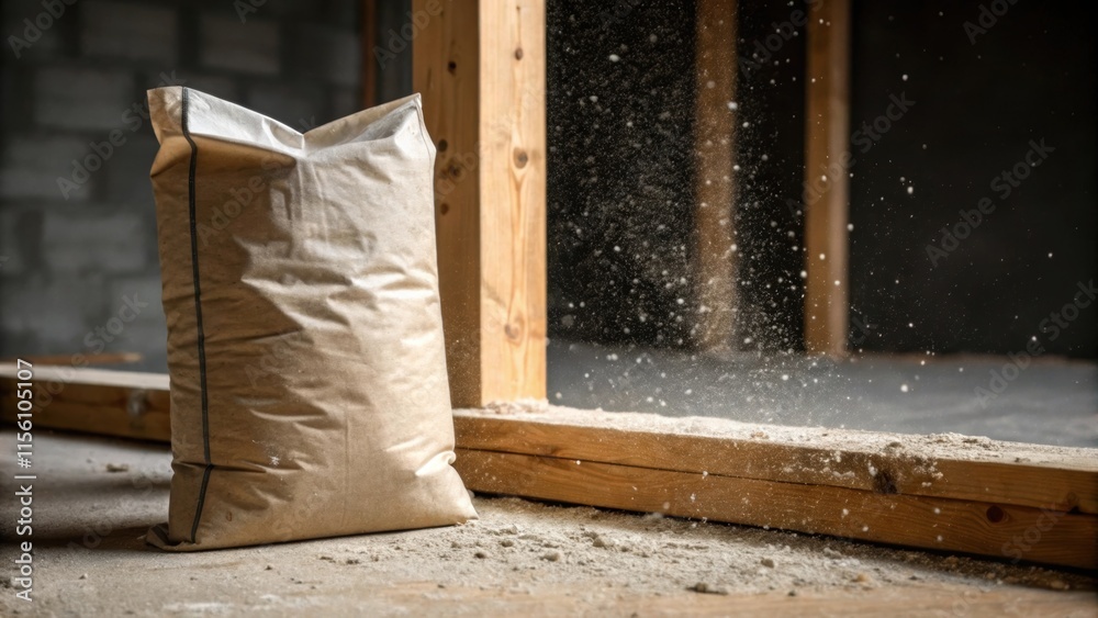 Poster a tightly cropped shot of a cement bag leaning against a wooden beam the contrasting materials empha
