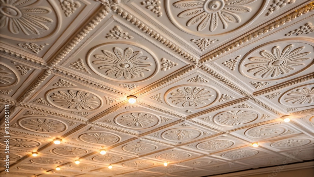 Poster A tightly cropped image revealing the texture of raised motifs on a ceiling tile with diffused light creating soft highlights that accentuate the designs detail.