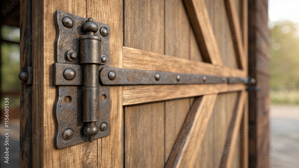 Poster A tight focus on the latch mechanism displaying the robust materials and rustic finish that complements the barnstyle theme of the door.