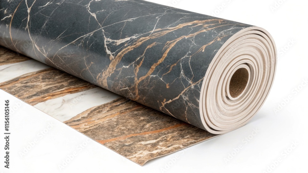 Poster A tightly coiled roll of vinyl flooring with a natural stone appearance unrolling along the edge displaying rich streaks of dark gray and warm taupe against a stark white base.