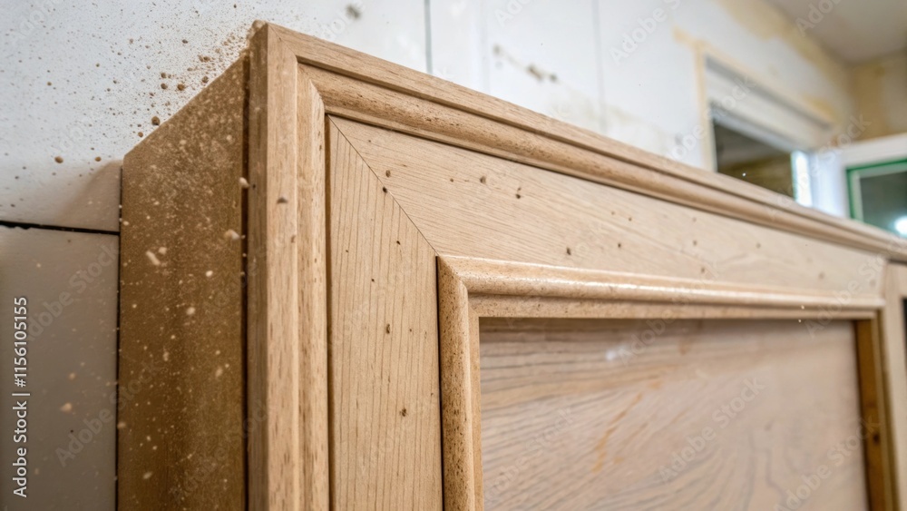 Poster a tight crop of the cabinetry frame highlighting its unfinished surface while nearby dust particles 