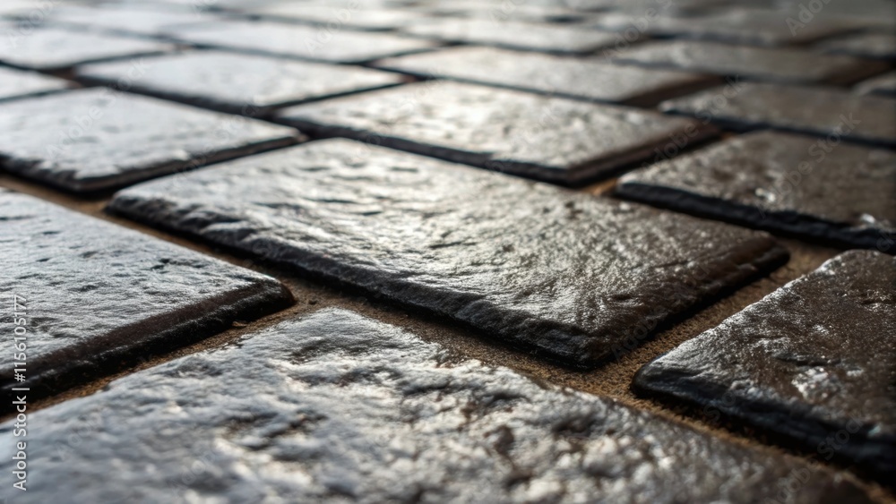 Aufkleber A texturerich closeup featuring roughhewn tiles their surface irregularities adding character surrounded by a smooth velvety black grout that sharpens the edges.