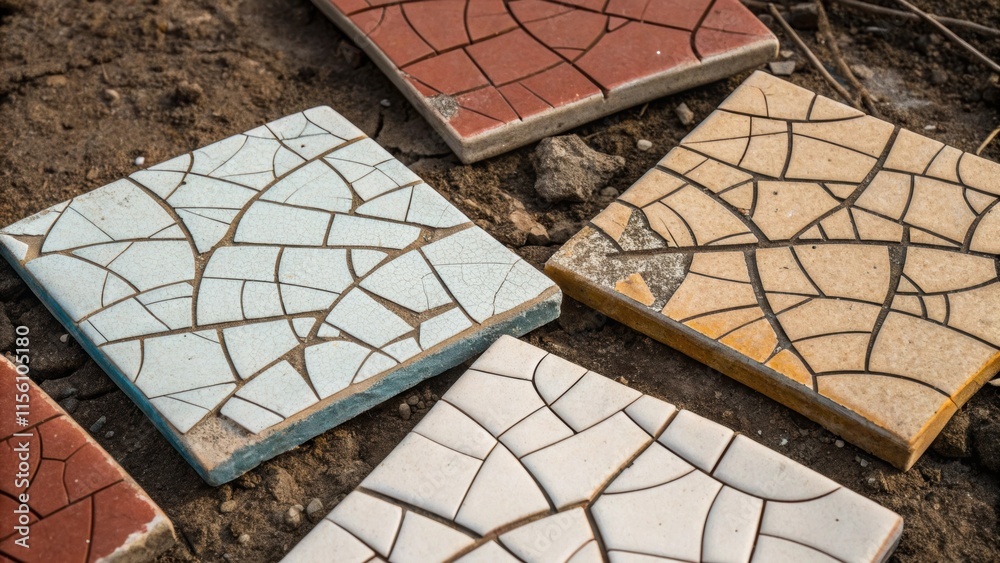 Poster A textured view of the edges of several broken tiles showcasing the rugged fractured lines and the contrasting colors within each piece emphasizing their abandoned beauty.