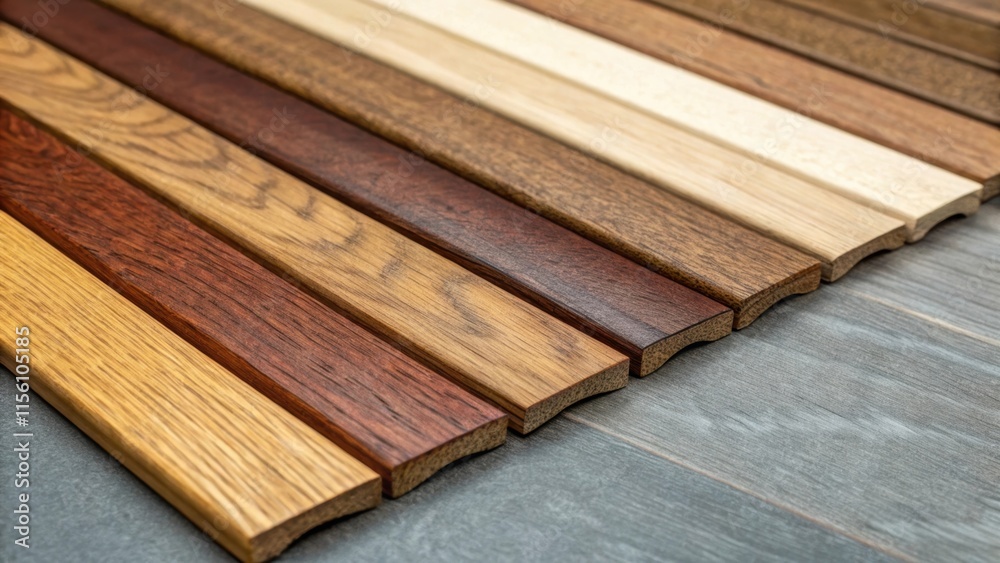 Poster A textured view of a series of narrow wooden trim strips each piece boasting a unique shade creating a color palette of rich browns and light tans.