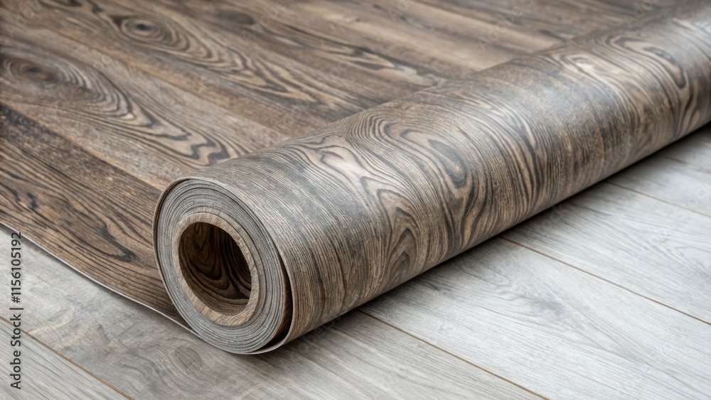 Leinwandbilder A textured view of a patterned vinyl flooring roll showcasing a deep wood finish with knots and grains juxtaposed against the smoothness of the surface it is unfurling on.