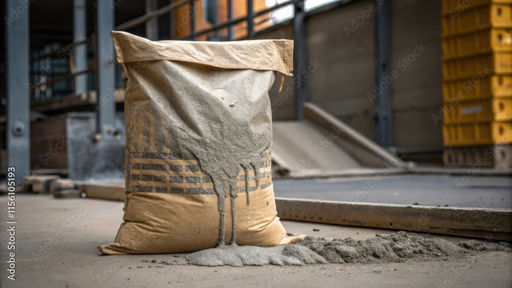 Poster A textured shot capturing the resilience of a cement bag that has been dropped bulging at the bottom with cement pouring out creating an organic contrast with the industrial