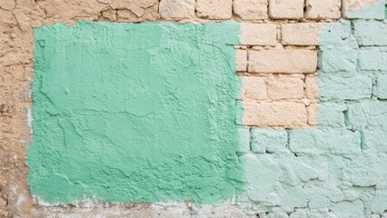 A textured view of the wall where a square of soft mint green paint has been applied emphasizing the blend of colors with the raw unfinished backdrop.