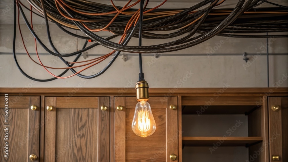 Aufkleber A tangle of electrical wiring suspended from the ceiling with a dangling light bulb casting a warm glow on a patch of newly installed cabinetry below.