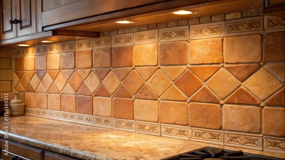 Poster a tactile view of a rustic terracotta tile backsplash with warm earth tones freshly grouted with a s