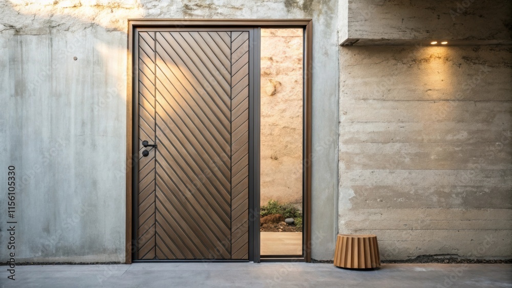 Poster a stylish door with vertical grooves leans casually its surface reflecting ambient light while the r