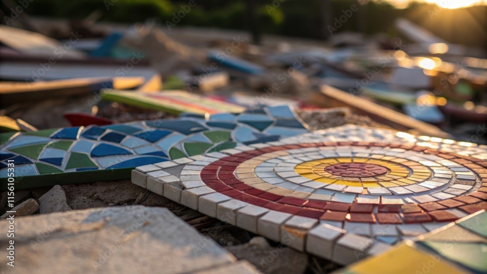 Poster A swirling mix of tile shapes and colors creating a mosaiclike effect in the discarded pile the focus on the interplay of light and shadow across the surfaces.
