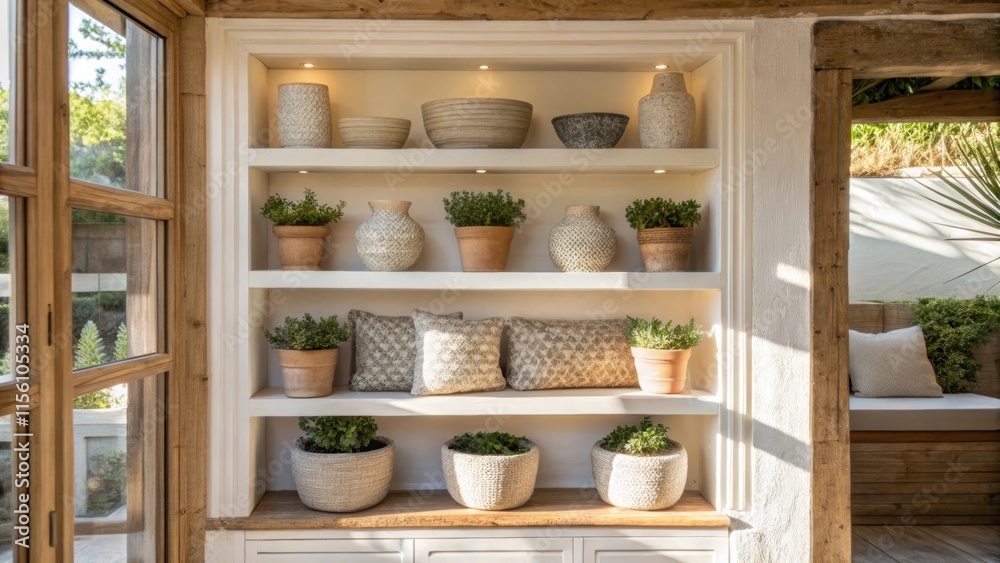 Poster A sundrenched alcove with delicate whitewashed wooden frames on the builtin shelves holding an array of textured ceramics and small indoor greenery creating a serene and inviting
