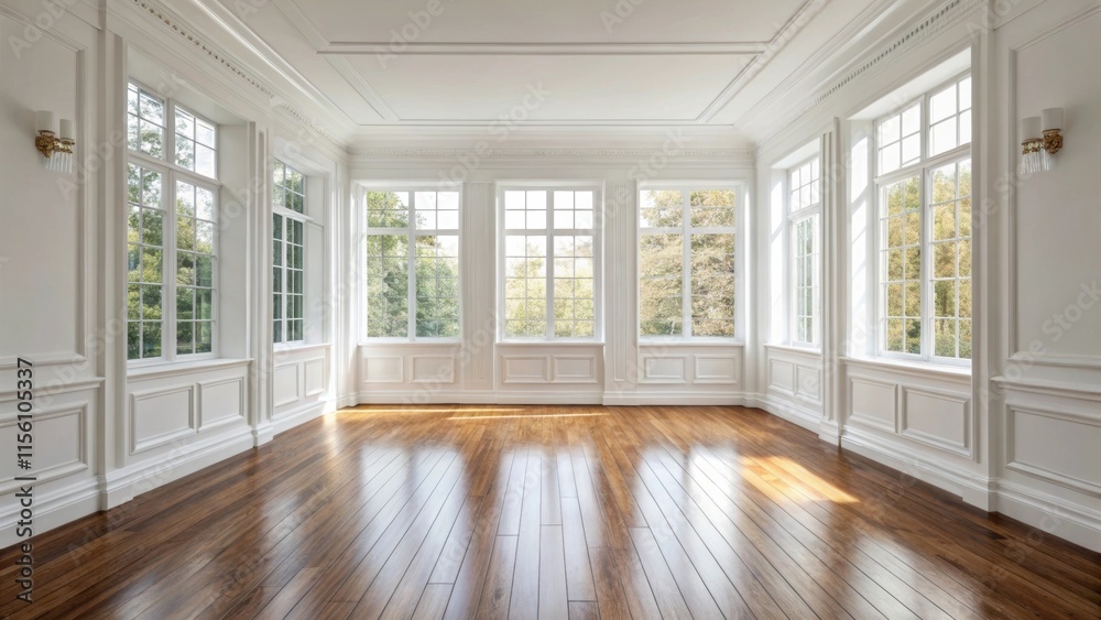 Poster A stylish room with wide windows that allow light to pour in illuminating the unobtrusive white walls. The polished wooden floor shines and the lack of trim enhances the
