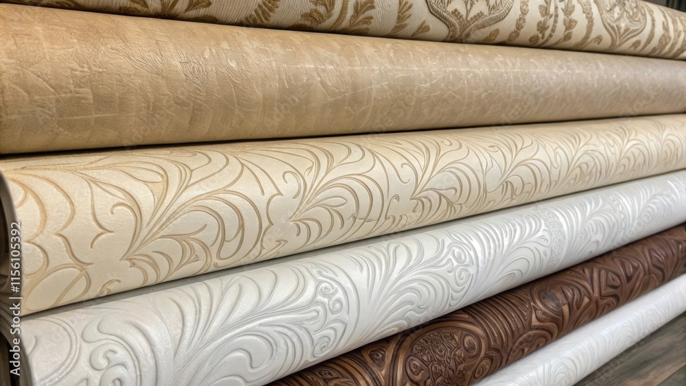 Poster A stack of wallpaper rolls the textures varying from smooth to embossed showcasing the tactile quality of the materials that promise a unique wall finish.