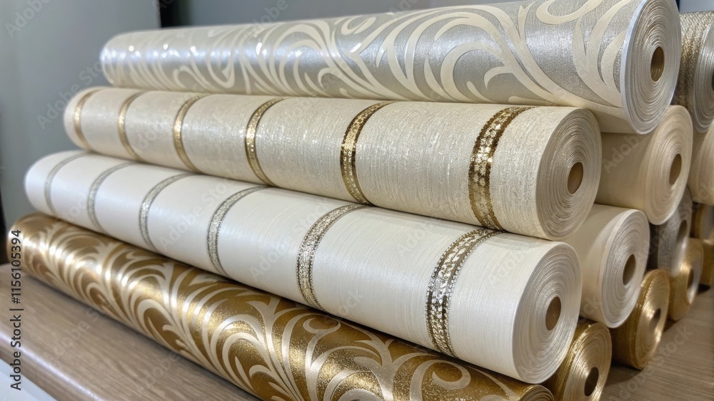 Poster a stack of wallpaper rolls with a luxurious silklike finish adorned with shimmering metallic accents