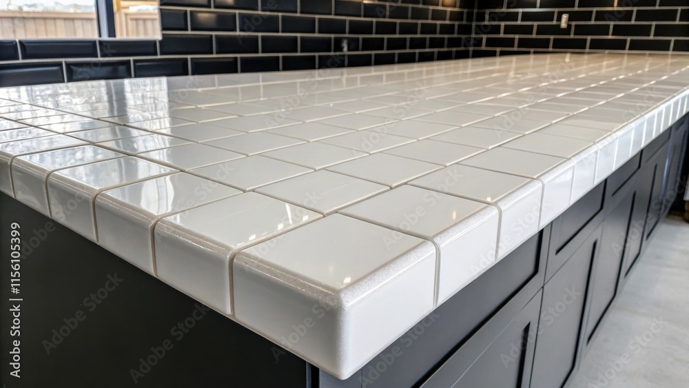 Aufkleber A stark modern countertop made of solid surface material with rows of glossy subway tiles reflecting their pristine whiteness against the dark surface.