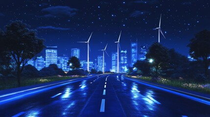 Urban Wind Turbines Against a Modern City Night Sky