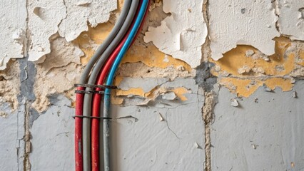 A stark visual of cables pushed through an unrefined section of drywall with fragments of painted surface flaking off creating a juxtaposition of color and eroded material.