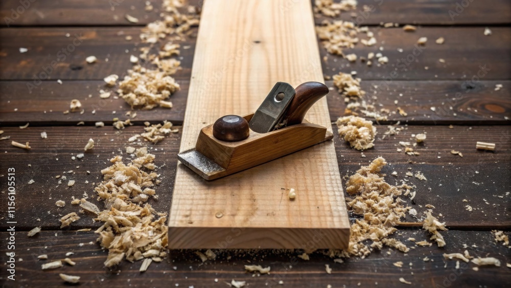 Poster a snapshot of a hand tool resting on top of a wood plank with tered wood shavings surrounding it ind