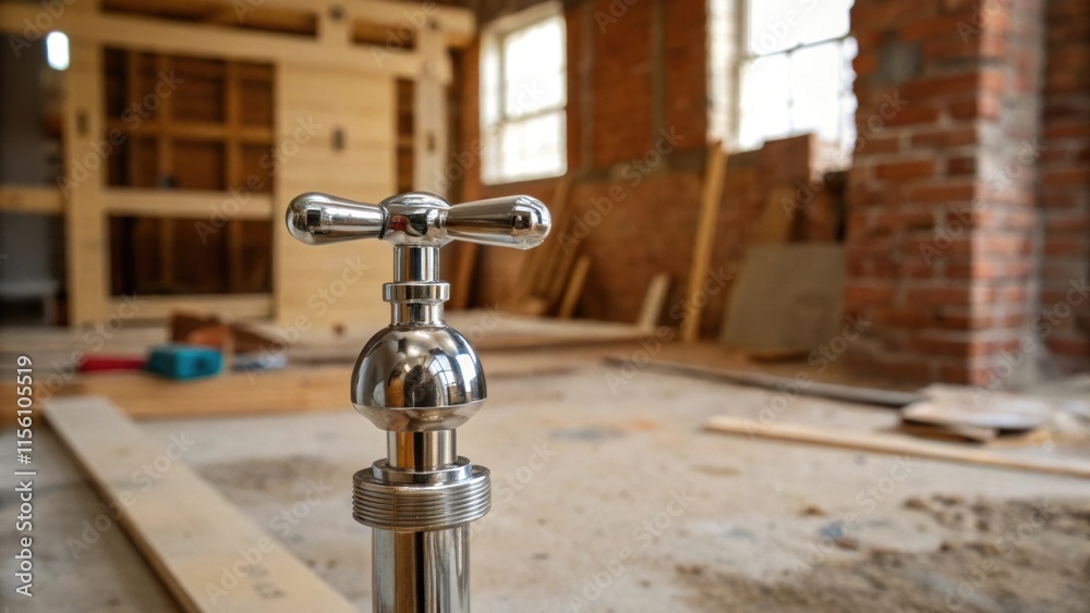 Poster a snapshot focusing on a single shiny water valve contrasted against a dusty unfinished backdrop hig