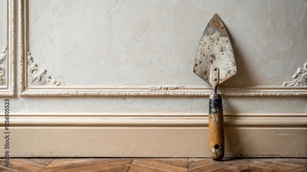 Poster a smooth carefully finished plaster wall stands elegant and unblemished. a trowel with a worn handle