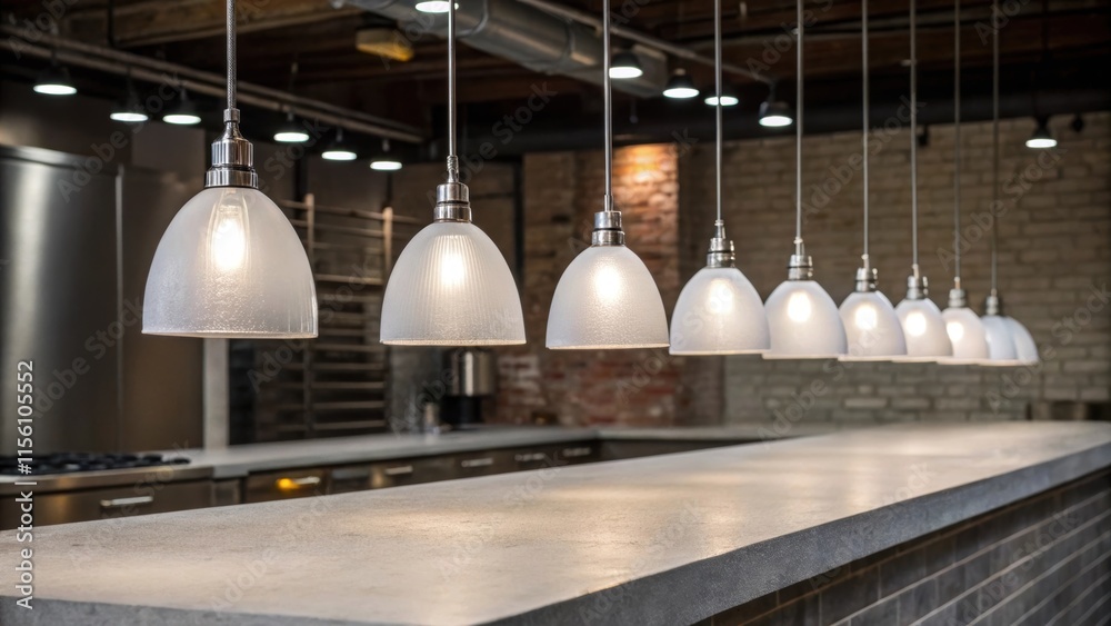 Poster a sleek line of pendant lights with a frosted glass finish shines bright above an ultrasmooth concre