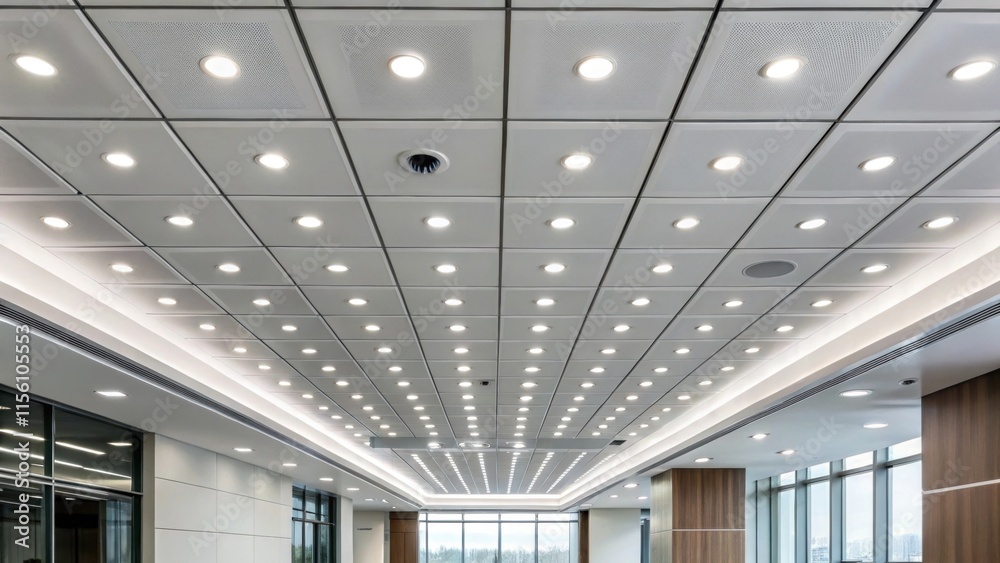 Aufkleber A sleek office ceiling with recessed lighting outs arranged in a grid pattern providing uniform lighting for a productive workspace while maintaining a modern aesthetic.