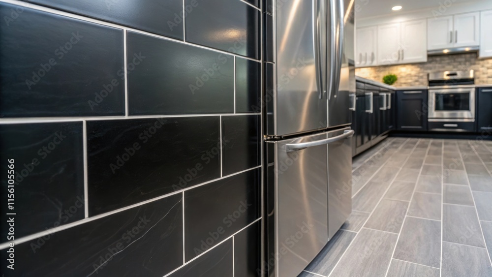 Poster A sleek matte black tile section revealing subtle variations in surface texture set next to stainless steel appliances that reflect a polished and contemporary vibe.