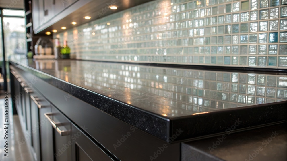 Poster a sleek black countertop devoid of decor p against a backdrop of shimmering glass tiles their surfac