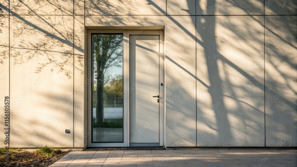 Poster A single prehung door set against a neutral backdrop the doors large glass panel reflecting the ambient light and casting delicate shadows on the surface behind it.