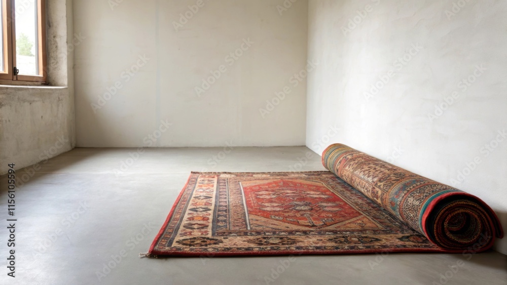 Aufkleber A side profile of the room displaying a stark contrast between the cool empty floor and a nearby rolledup rug that introduces a warmth with its rich colors and patterns.