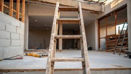A small ladder leaning against the unfinished structure with the lower rungs dusted and reflecting both wear and the progress of the renovation.