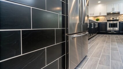 A sleek matte black tile section revealing subtle variations in surface texture set next to stainless steel appliances that reflect a polished and contemporary vibe.