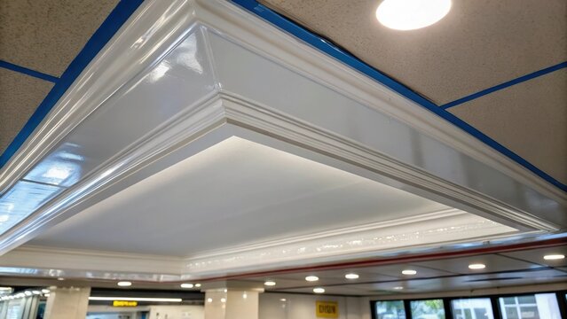 A snapshot that captures a segment of the ceiling detailing the sheen of the new paint and the neat application of tape the light reflecting softly off the surface accentuating its