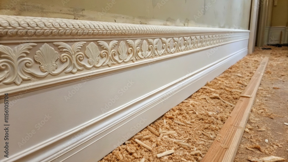 Fototapete A shot capturing a close interaction between the unpainted wall and the newly applied decorative molding with visible wood shavings tered on the surface reflecting the ongoing