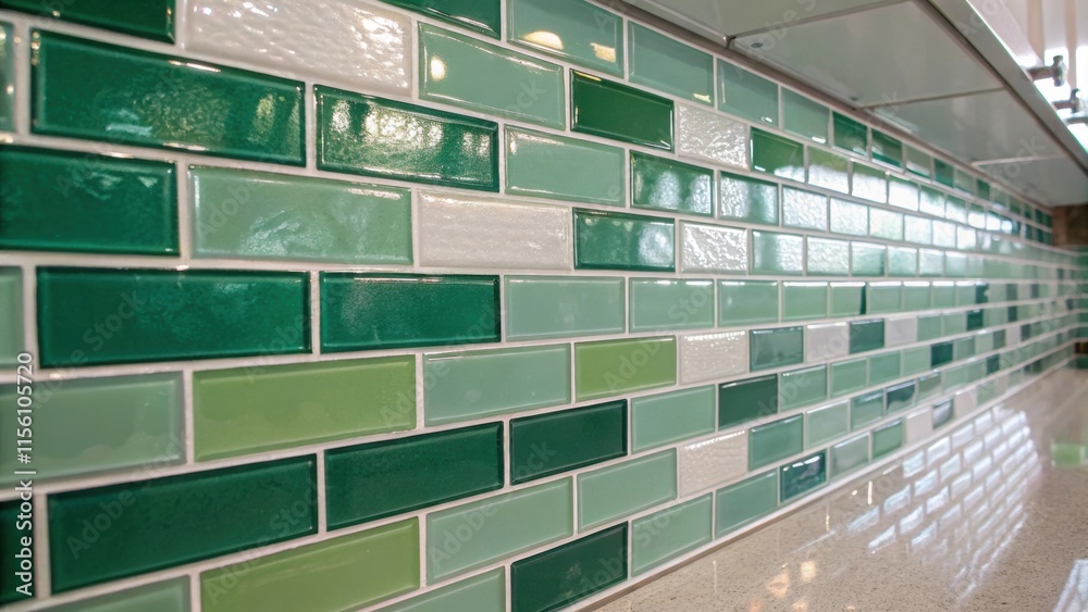 Leinwandbilder a shiny glass tile backsplash in shades of green with expertly applied white grout the light reflect