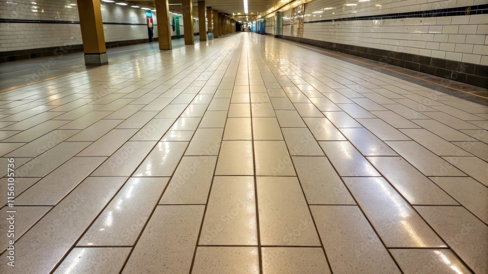 Poster A shimmering floor made of elongated subway tiles capturing the play of light on their surface with neatly finished grout in a contrasting color that accentuates their linear