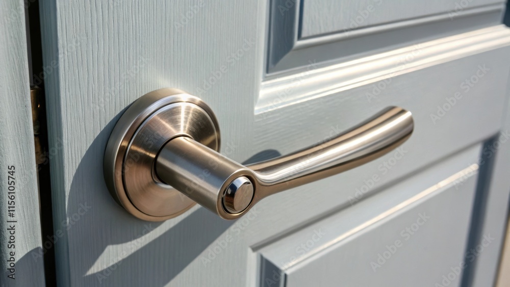 Aufkleber a shiny stainless steel lever handle casting a subtle shadow on the pale gray door surface showcasin