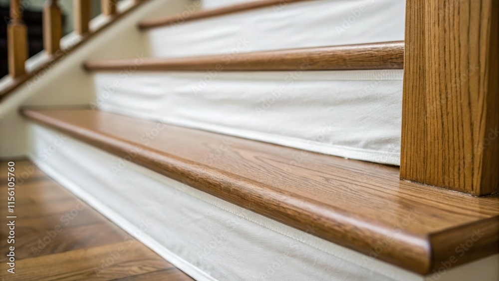 Poster a shallow focus image framing the edge of a covered stair where the pristine layer of protection sit