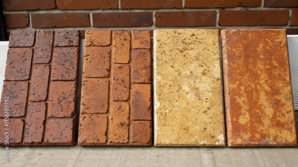 Aufkleber A series of weathered brickstyle tiles varying in shades of rust and ochre showcasing a rough texture that invites tactile interaction.