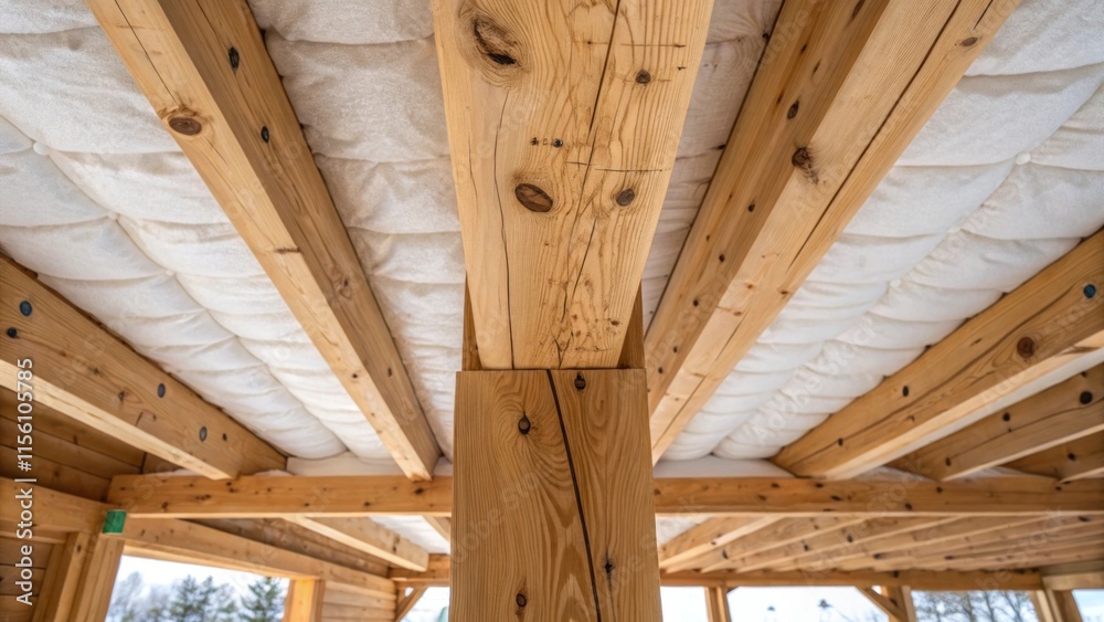 Aufkleber A serene perspective of a single wooden beam highlighting the intricate knots and imperfections with a blanket of fresh insulation snugly nestled against the underside.